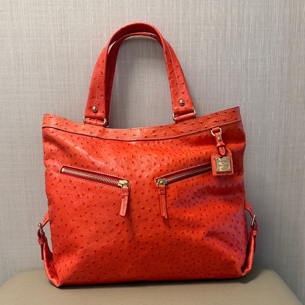 Dooney & Bourke Dillen large pink salmon tote bag purse Ostrich pebbled leather